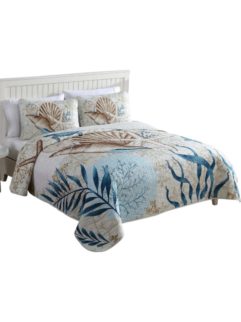 Coastal 3-Piece King Quilt Set, Blue Sea Turtle Design, Beachy Bedding Decor